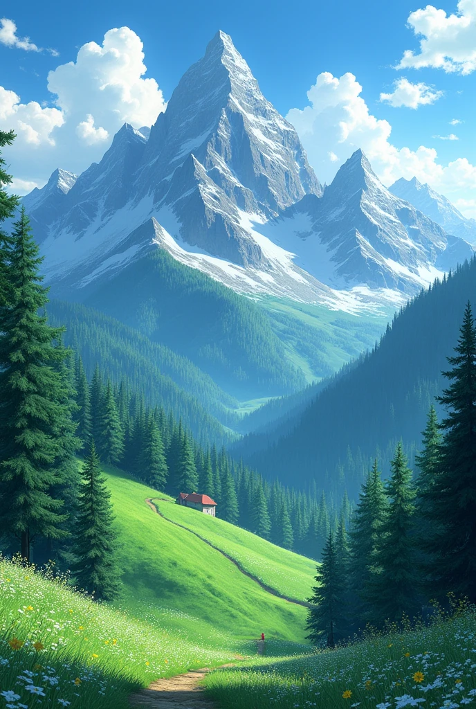 Ghibli anime landscape, mountain, green trees, ultra high resolution