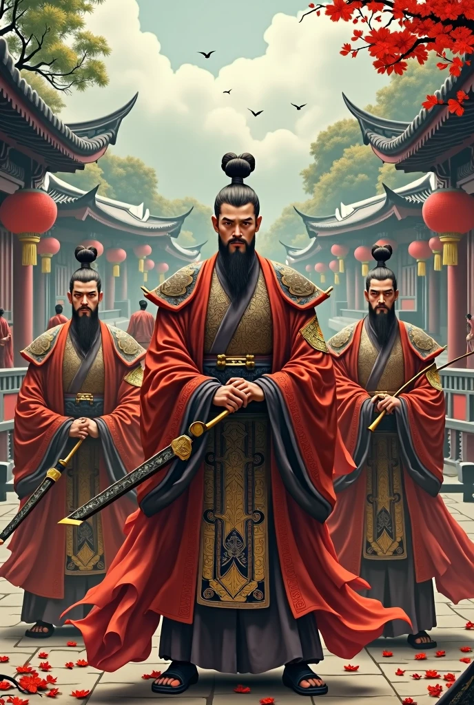 Ancient Chinese men from ancient times with their hair tied in a bun reflect their status as nobility or warriors.. He is dressed in an intricately patterned ancient Chinese warrior costume and stands in a classical Chinese scene., Such as the palace grounds or gardens, Surrounded by ancient architecture and nature. The atmosphere should evoke a sense of history and culture..