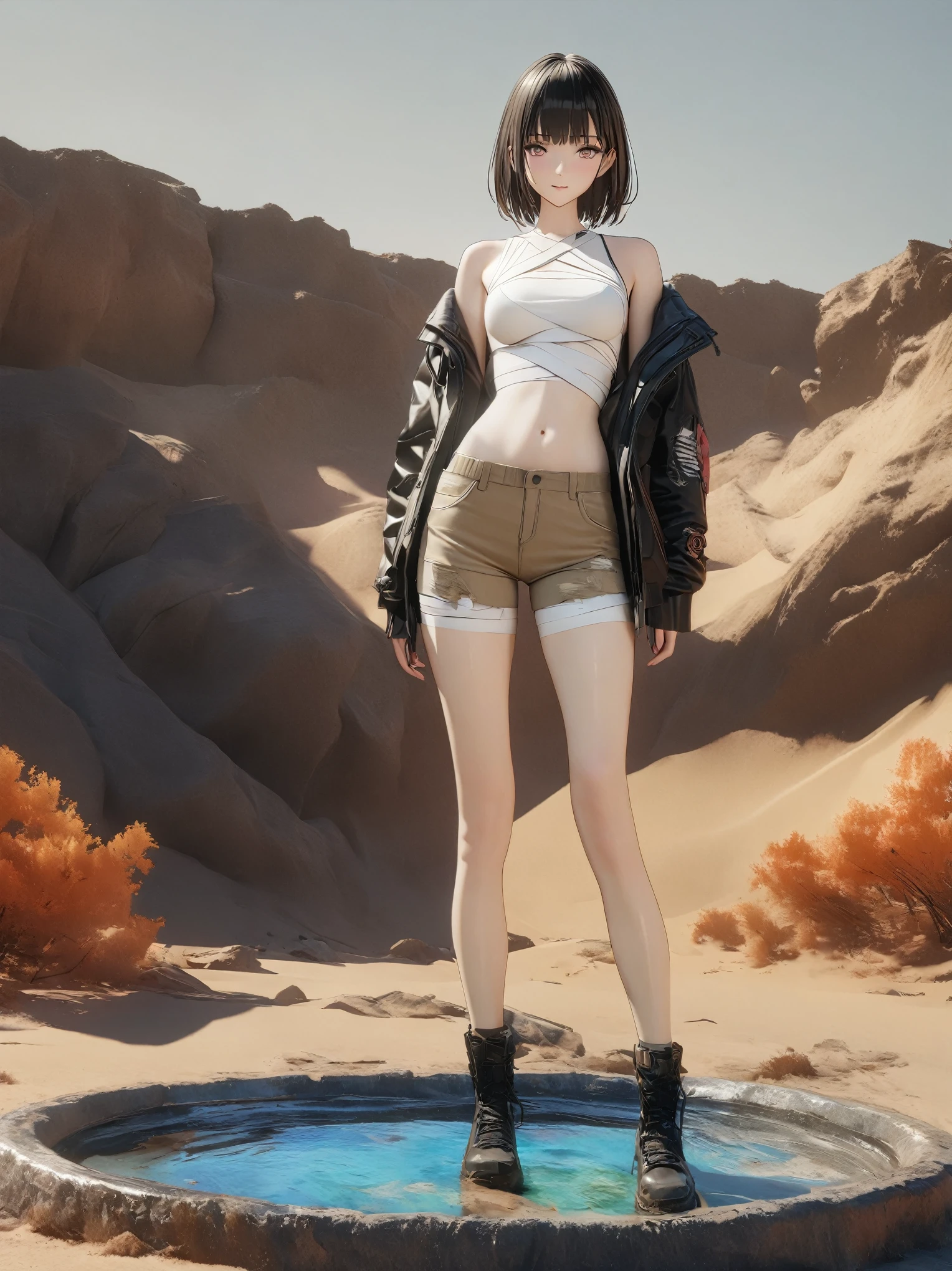 DIY16，best quality, 超HD, masterpieces, 8K, Practical, Anime style, 3D Rendering，masterpiece,need,lifelike，Bare lower abdomen，Sexy，bandage，Layering，Hollow，Full body image，Feral，Khaki washed distressed shorts，Black hair，Open shoulders，Layering，Long legs，，Wasteland Punk Style，desert，The details of wind and dust are complex，，HD，Photography Lighting，16K(Pond in the evening:1.2), (8K, best quality, masterpiece:1.2), (Ultra-high resolution:1.0), Extremely bright design, Soft colors, (ink:1.3), Autumn Lights, High Detail, dramatic, photoPractical painting art
