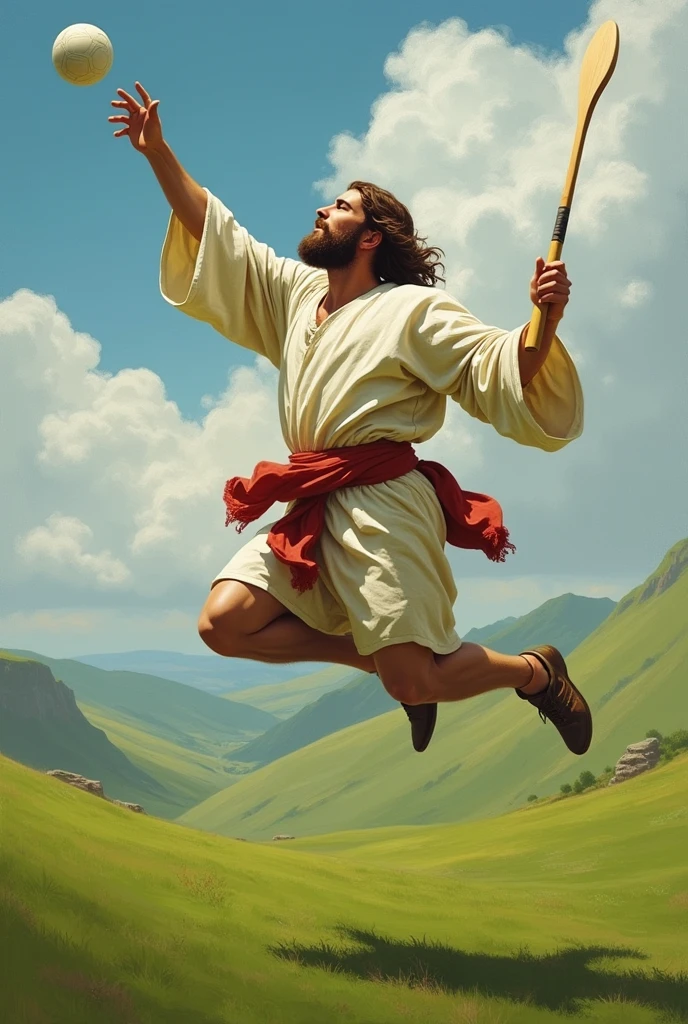Jesus playing hurling, jumping to catch small ball, with hurley in hand.
