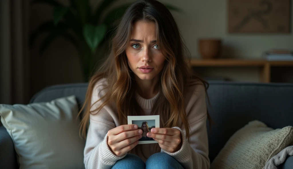 Realistic Portrait Create a realistic image of a beautiful woman in her early thirties, long wavy brown hair, with intense green eyes. His expression reflects a mixture of sadness and determination.. She is sitting on a sofa in a living room dimly lit by the light of a lamp., with tears running down her cheeks as she holds a photo in her hand. His clothes are casual, with a pastel colored sweater and jeans. The camera is focused on his face, covering most of the portrait, to capture their deep emotions and the beauty of their features. The scene conveys a moment of introspection and pain, Set in a house that reflects a cozy and homely style, with subtle details like pillows and a blanket on the sofa.

."