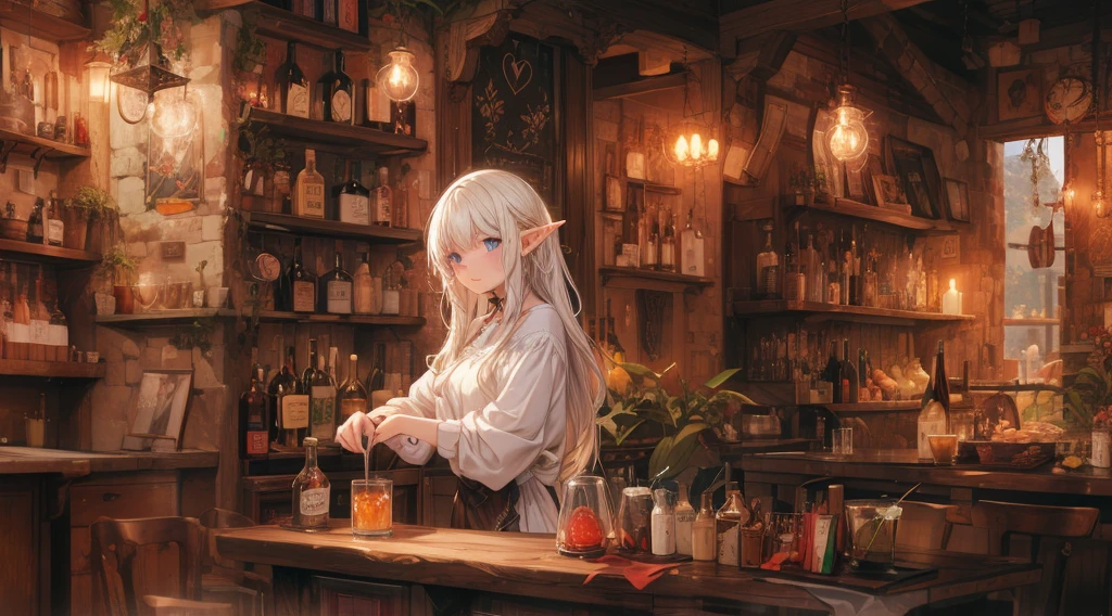 A cozy, stone-built elven bar with an elegant elf bartender preparing a drink for a customer, depicted in an anime style. The elf has delicate features, long flowing hair, and pointed ears. The bar is warmly lit by candlelight, with vintage bottles and glasses lining the wooden counter. The atmosphere is serene and inviting, perfect for a calm evening. The anime style adds a touch of fantasy and whimsy, capturing the magical and mystical nature of the elven world.