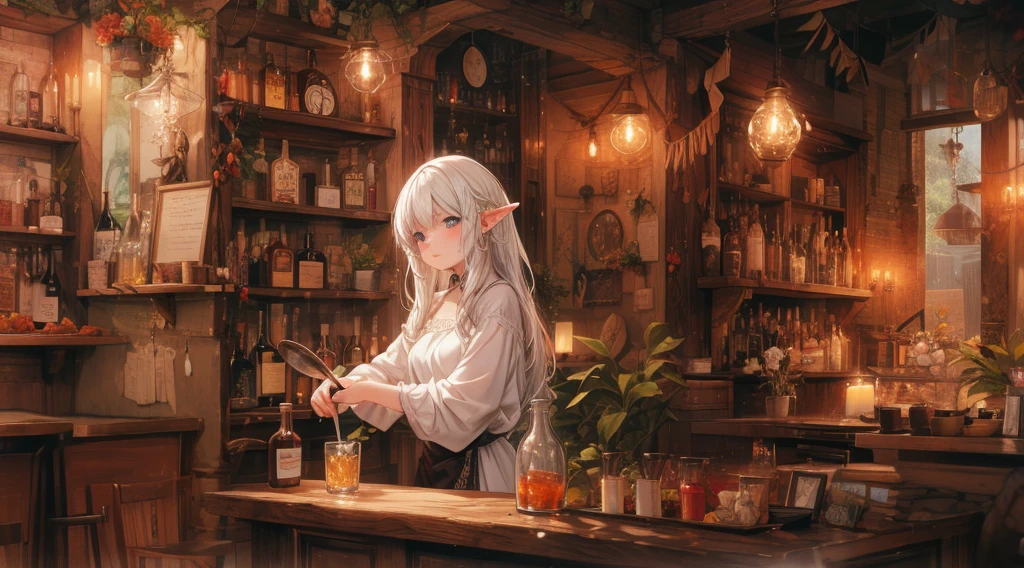 A cozy, stone-built elven bar with an elegant elf bartender preparing a drink for a customer, depicted in an anime style. The elf has delicate features, long flowing hair, and pointed ears. The bar is warmly lit by candlelight, with vintage bottles and glasses lining the wooden counter. The atmosphere is serene and inviting, perfect for a calm evening. The anime style adds a touch of fantasy and whimsy, capturing the magical and mystical nature of the elven world.
