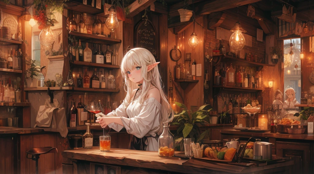 A cozy, stone-built elven bar with an elegant elf bartender preparing a drink for a customer, depicted in an anime style. The elf has delicate features, long flowing hair, and pointed ears. The bar is warmly lit by candlelight, with vintage bottles and glasses lining the wooden counter. The atmosphere is serene and inviting, perfect for a calm evening. The anime style adds a touch of fantasy and whimsy, capturing the magical and mystical nature of the elven world.