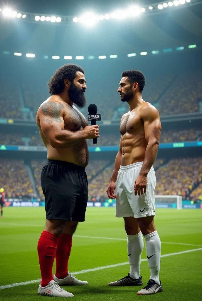 A strong hairy Iranian football player with very hairy chest hair bearded, wearing no shirt, black shorts and red socks and black boots, side by side with a Brazilian soccer player, wearing no shirt, White shorts, white socks and white boots, giving an interview to a TV reporter on the lawn of the large football stadium full of people.