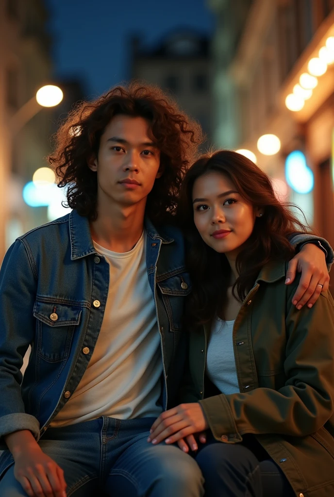 Photography of a 20 year old Asian guy with long curly hair wearing a jeans jacket, white t-shirt, jeans, boots, sitting with a 20 year old Asian woman with a slightly fat body wearing a jacket in Europe. Night atmosphere