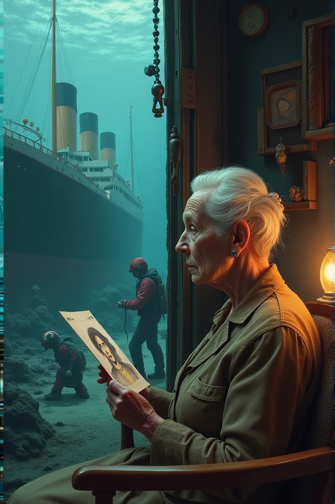 A split frame showing the modern-day expedition on the left and the elderly Rose on the right. On the left side, treasure hunters are exploring the wreck of the Titanic with submersibles. On the right, an elderly Rose is looking at the drawing of herself wearing the "Heart of the Ocean" diamond.