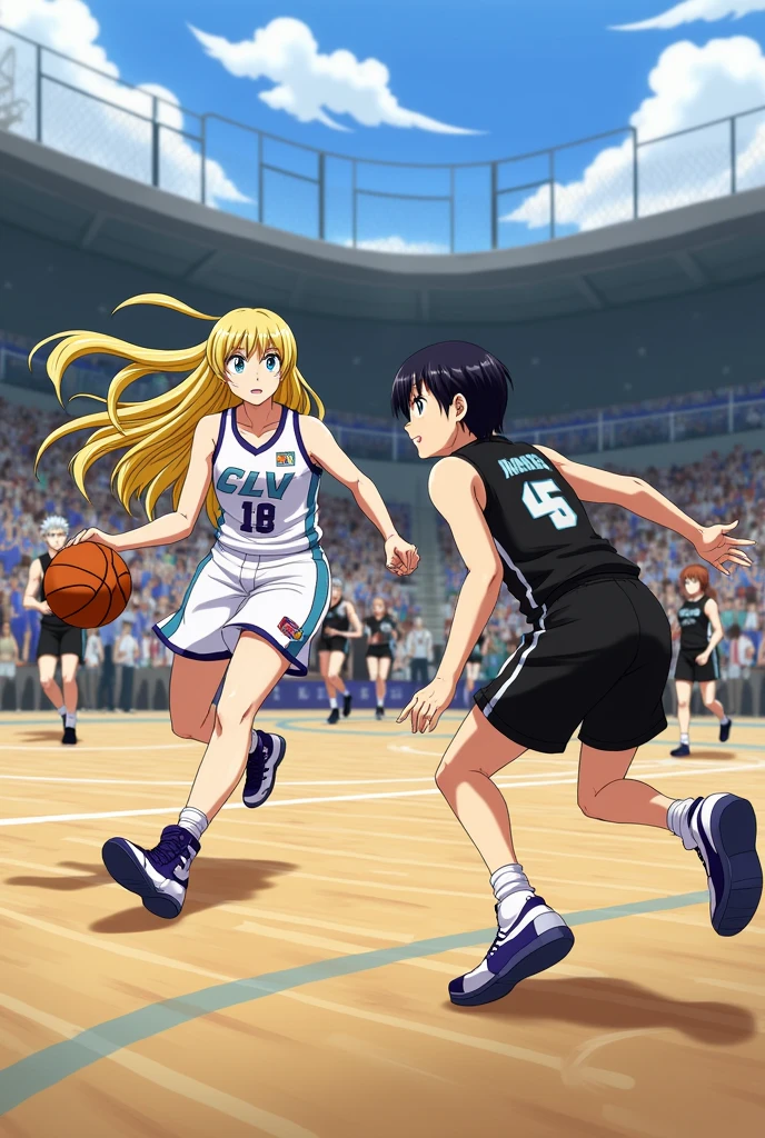 Fairy Tail organizes a 3x3 basketball game.
Here are the teams: CLV and FTM.
CLV team members: Erza Scarlett, Lucy Heartfilia, Kanna Alperona and Levy McGarden.
FTM team members: Wendy Marvel, Juvia Lockser, Mirajane Strauss and Lisana Strauss.
CLV team members wear white jerseys:
Erza Scarlett: White CLV jersey #2 white, red basketball shoes. Long scarlet hair and brown eyes. She is of average height.
Lucy Heartfilia: CLV jersey no. 7 white, black basketball shoes. Long blond hair and brown eyes. She is short.
Kanna Alperona: White CLV jersey no. 4 white, orange basketball shoes. Long dark-brown hair and brown eyes. She's the tallest in the tournament.
Levy McGarden: CLV jersey n°6 white purple basketball shoes. Mid-length blue hair tied back with an orange headband and brown eyes. She is short.
FTM team members wear black jerseys:
Wendy Marvel: FTM jersey no. 11 black, black, red and white basketball shoes. Long dark blue-purple hair and brown eyes. She's the shortest in the tournament.
Juvia Lockser: FTM jersey no. 8 black, purple basketball shoes. Long sky-blue hair and blue eyes. She is of average height.
Mirajane Strauss: FTM jersey no. 10 black, yellow basketball shoes. Long white hair and blue eyes. She is tall.
Lisana Strauss: FTM jersey n°00 black, white basketball shoes. Short white hair and blue eyes. She is short.
The tournament takes place in a gymnasium. They play a real 3x3 game. The ball is in the hands of Lucy Heartfilia.
Lucy Heartfilia dribbles towards the basket, Wendy Marvel defend with a defense position on her.