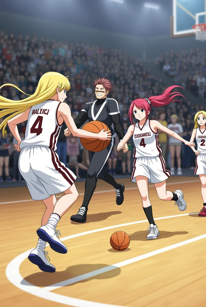 Fairy Tail organizes a 3x3 basketball game.
Here are the teams: CLV and FTM.
CLV team members: Erza Scarlett, Lucy Heartfilia, Kanna Alperona and Levy McGarden.
FTM team members: Wendy Marvel, Juvia Lockser, Mirajane Strauss and Lisana Strauss.
CLV team members wear white jerseys:
Erza Scarlett: White CLV jersey #2 white, red basketball shoes. Long scarlet hair and brown eyes. She is of average height.
Lucy Heartfilia: CLV jersey no. 7 white, black basketball shoes. Long blond hair and brown eyes. She is short.
Kanna Alperona: White CLV jersey no. 4 white, orange basketball shoes. Long dark-brown hair and brown eyes. She's the tallest in the tournament.
Levy McGarden: CLV jersey n°6 white purple basketball shoes. Mid-length blue hair tied back with an orange headband and brown eyes. She is short.
FTM team members wear black jerseys:
Wendy Marvel: FTM jersey no. 11 black, black, red and white basketball shoes. Long dark blue-purple hair and brown eyes. She's the shortest in the tournament.
Juvia Lockser: FTM jersey no. 8 black, purple basketball shoes. Long sky-blue hair and blue eyes. She is of average height.
Mirajane Strauss: FTM jersey no. 10 black, yellow basketball shoes. Long white hair and blue eyes. She is tall.
Lisana Strauss: FTM jersey n°00 black, white basketball shoes. Short white hair and blue eyes. She is short.
The tournament takes place in a gymnasium. They play a real 3x3 game. The ball is in the hands of Lucy Heartfilia.
Lucy Heartfilia dribbles towards the basket, Wendy Marvel defend with a defense position on her.