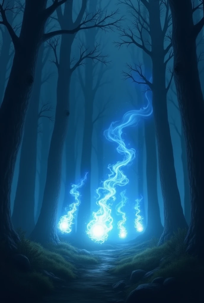 “A mystical depiction of Kitsunebi, a mythical fox fire from Japanese folklore. The scene shows a dark, misty forest at night, where several blue and white ghostly flames float in the air. These fox fires emit an eerie, enchanting glow, casting soft, mysterious light on the surrounding trees and fog. The flames appear to dance and flicker gently as if moved by an invisible breeze. The forest is dense with tall, shadowy trees, creating a sense of depth and mystery. The atmosphere is magical and otherworldly, blending elements of nature and supernatural folklore.”