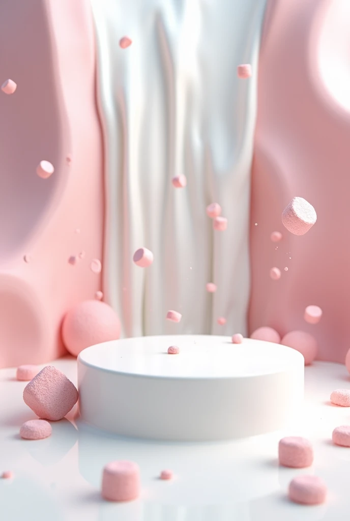white podium in front of a waterfall of white milk. Image should be 3d with candy round pink marshmallows flying in the background and falling into the waterfall making a white splash