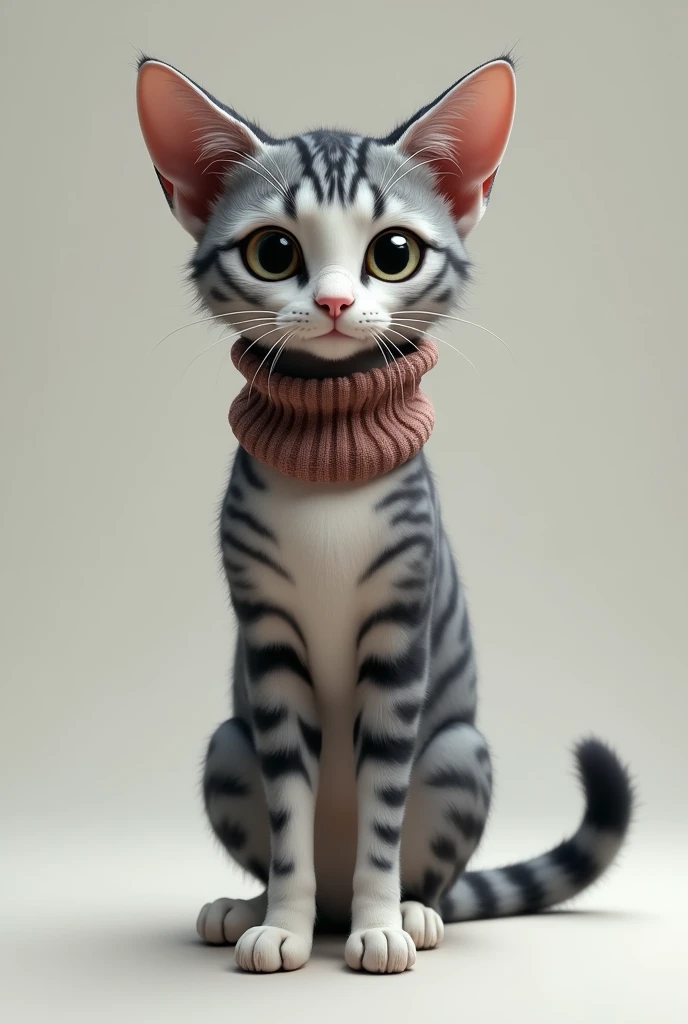 Gray female cat with white and black stripes. Uses a neck warmer Stands upright on two legs Stares ahead