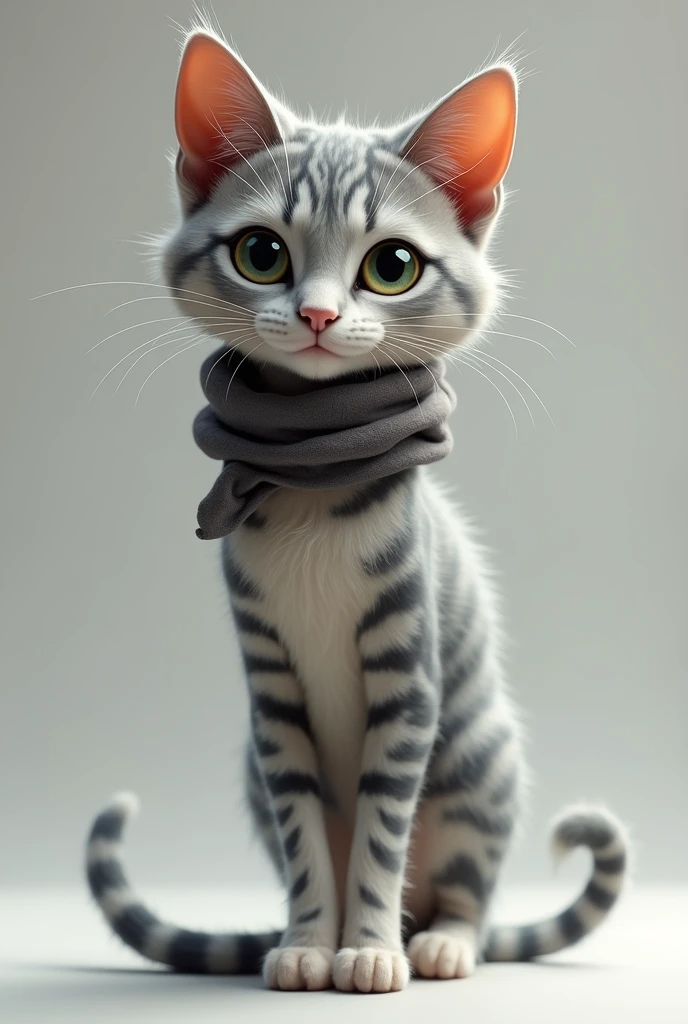 Gray female cat with white and black stripes. Uses a neck warmer Stands upright on two legs Stares ahead