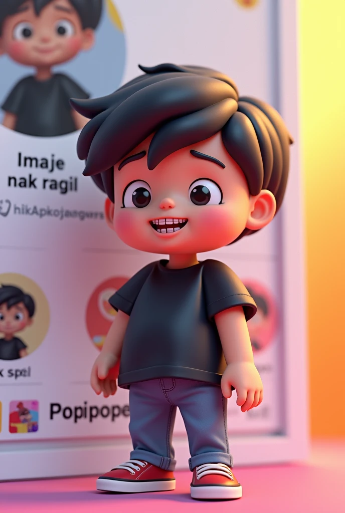 Create a 3D illustration of an animated brunette character standing with arms crossed casually next to a social media logo "facebook". The character must wear a black t-shirt, short hair, darkskin, slightly slanted eyes, has a chubby body , and braces on his teeth holding an iPhone. The background of the image is a social media profile page with the username "Nak Ragil" and a matching profile photo.