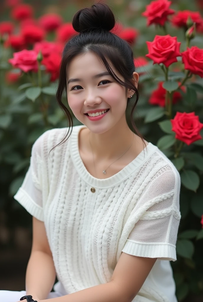 a beautiful Indonesian woman, smooth white skin, well-groomed face,Korean style hair bun, ,wearing a white knitted t-shirt,celana kargo putih, slow motion ,black watch, white shoes, Sitting pose, di rerimbunan bunga mawar, red heart color. which flowers beautifully and thickly. Rose garden background, beautiful very amazing .Realistic original photo 