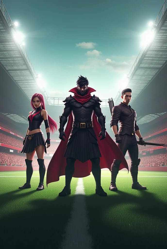 Create an image featuring characters from Mobile Legends: Bang Bang (MLBB) - Cecilion, Hanabi, and Vale. Set them against a Liverpool FC-themed background, incorporating elements like Anfield Stadium or Liverpool's iconic colors. The color scheme should include green, white, and red shadows to complement the Liverpool theme and the characters' outfits.