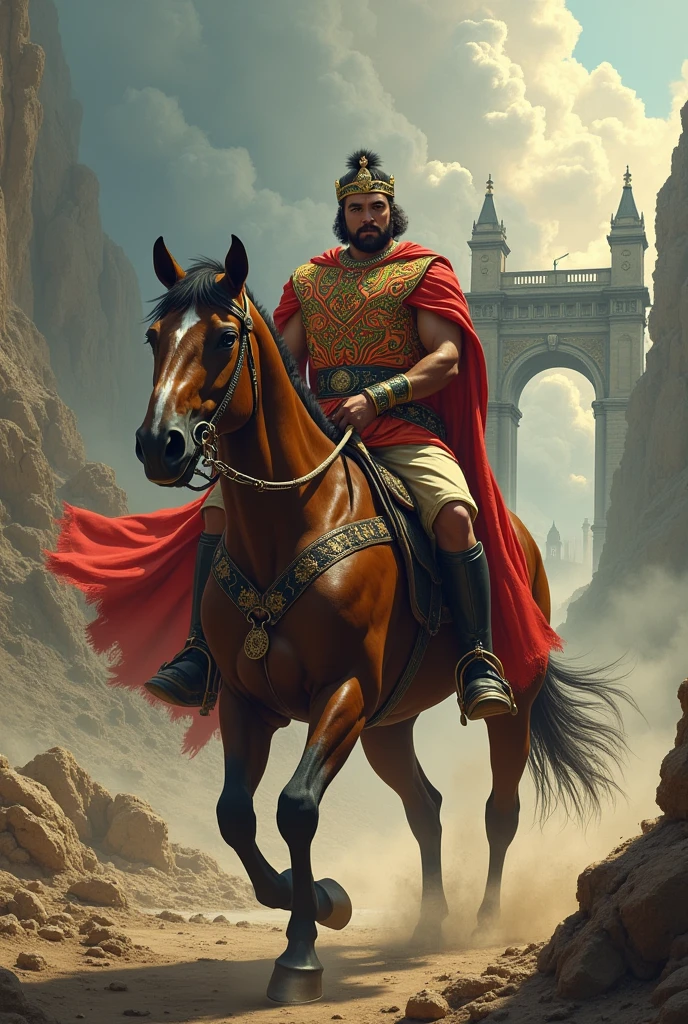 King Caesar is riding a horse with a Boca shirt on and a bridge falling down in the background