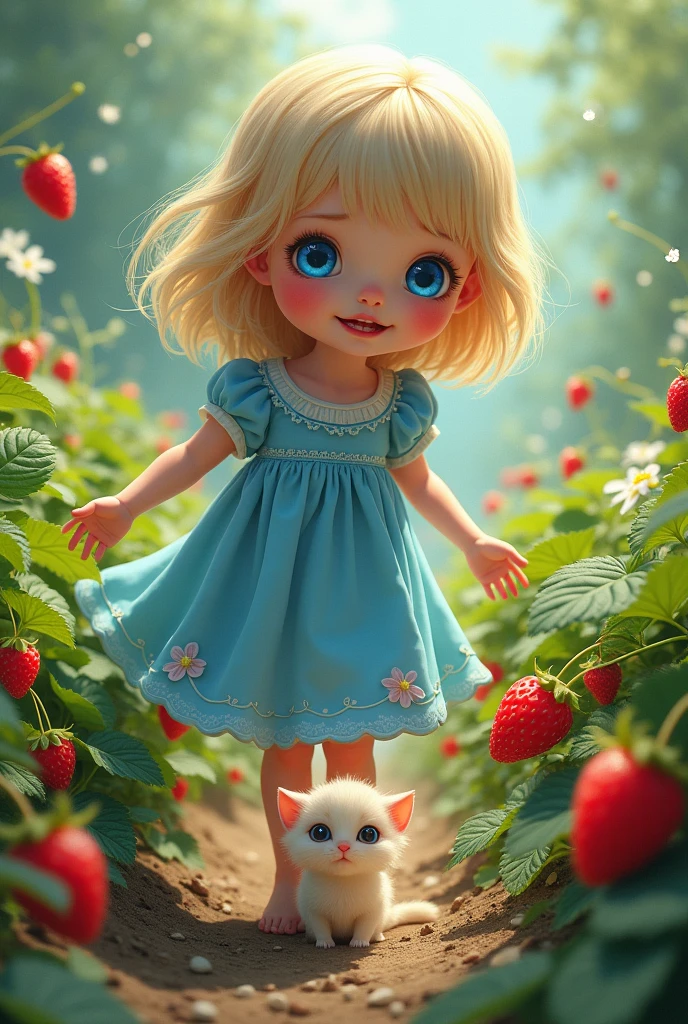 A girl with blue eyes in blue flock playing in strawberry garden and she found a little strawberry cat in the strawberry garden