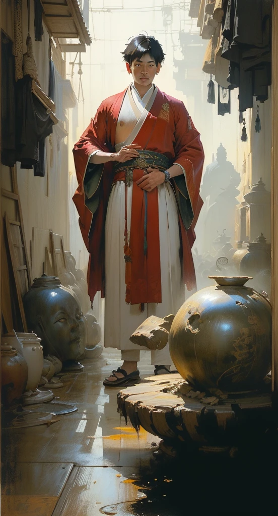 painting of a man in a red robe standing in front of a large buddha statue, by Han Gan, by Bayard Wu, by Li Zai, guweiz masterpiece, makoto shinkai and tom bagshaw, the buddha, by Raymond Han, traditional japanese concept art, by Yang J, buddhism, by Ma Shi, by Pu Hua, by Ruan Jia