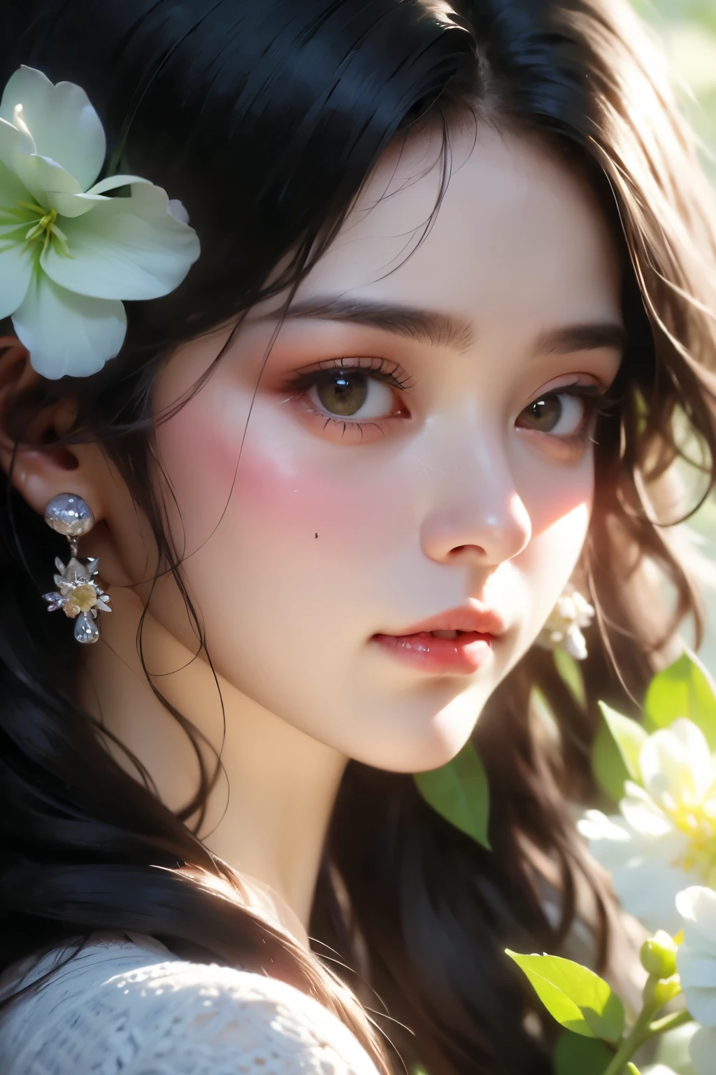 Ladies and bouquets,Portrait close-up,She looked at me with very beautiful and kind eyes.Detailed Schneider pastel ink, soft and fantastic, Fluffy, (Extremely fine and beautiful), (perfect detail)、(Pastel color),Soft texture:1.2.(masutepiece, Best quality), (finely detailed beautiful eye), (Dark bright eyes),(finely detailed eyes and detailed face),(Jet-black silky hair), (Black hair like a spring),The hue is also noticeably brighter.Pale blurred silhouette,Surrounded by plenty of flowers,