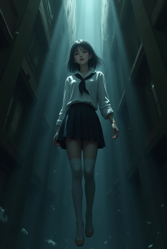 Scene of female student wearing white thigh high socks hanging to death ,hovering in the air 