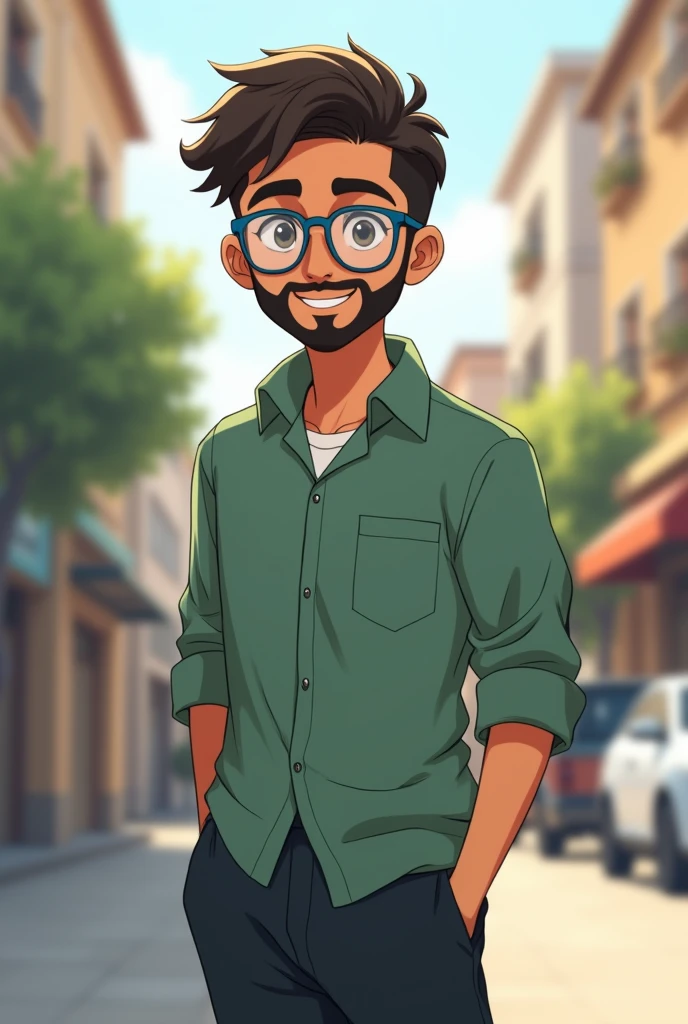 Muslim anime boy with  beard and moustache transparent blue glasses and  little smile with black pant and bottle green full shirt background in street 