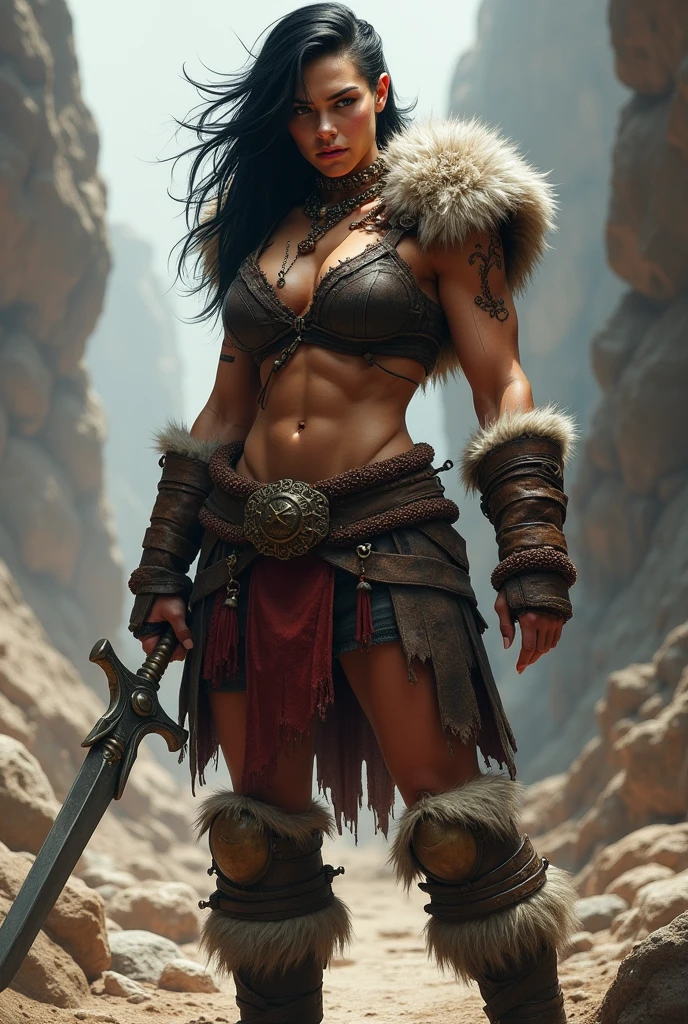 Half orc woman, musclegirl, black hair side cut side, wearing barbarian clothes, best qualityer.
