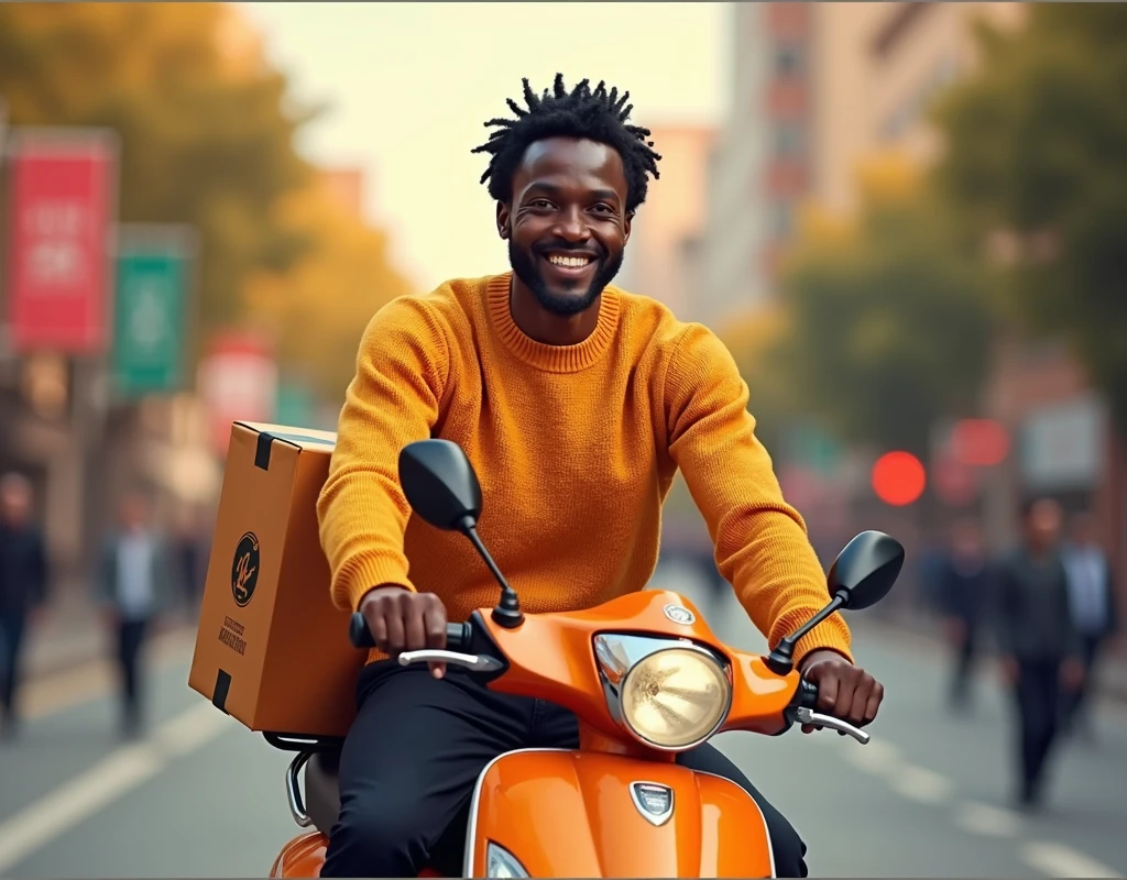 Nous somme une agence de livraison. créer une affiche réaliste pour souhaiter un bon mois de Septembre à nos abonnés sur les réseaux sociaux. on doit voir sur l'affiche, un livreur africain habillé en tricot jaune orangé et pantalon noir sur une moto de livraison