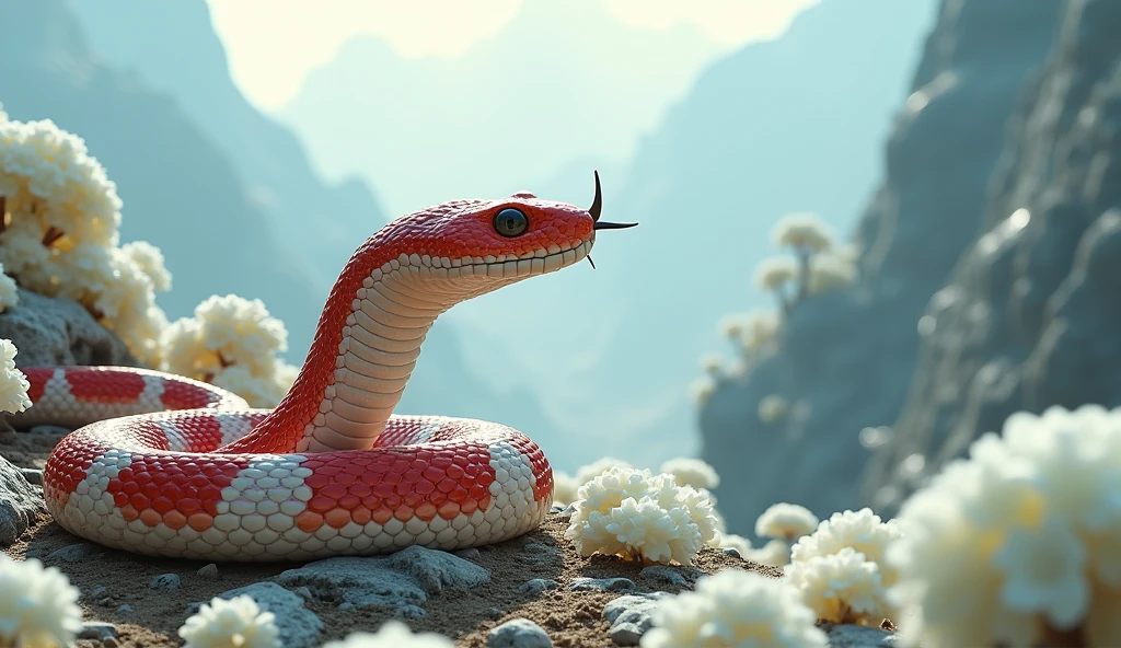 There are many white jades on the mountain,There are also many pit vipers with red and white rings and spikes on their noses.(best quality,4K,8k,High level,masterpiece:1.2),Ultra Detailed,(lifelike,Photo real,Photo real:1.37)