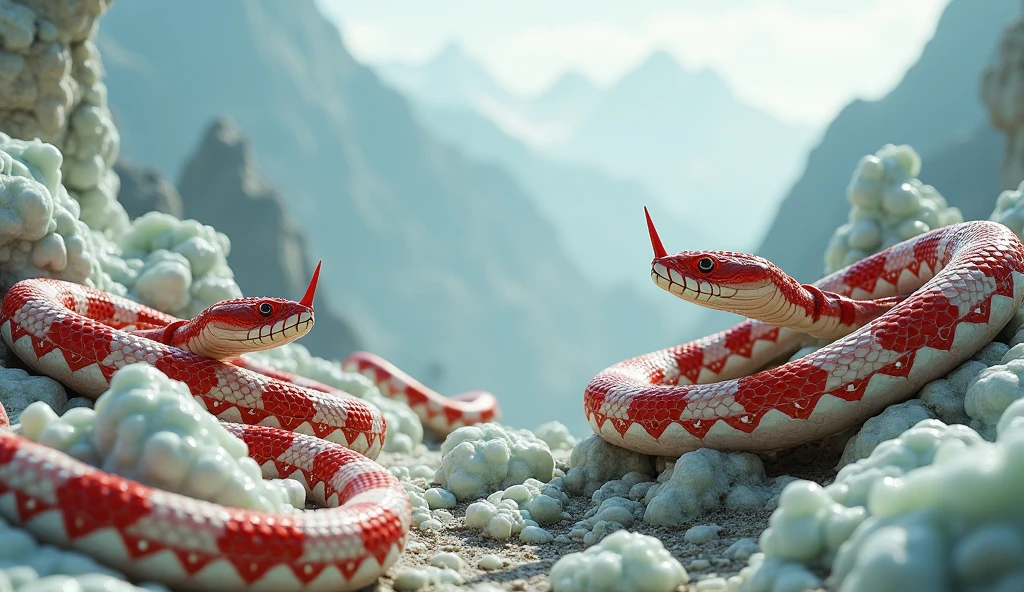 There are many white jades on the mountain,There are also many pit vipers with red and white rings and spikes on their noses.(best quality,4K,8k,High level,masterpiece:1.2),Ultra Detailed,(lifelike,Photo real,Photo real:1.37)