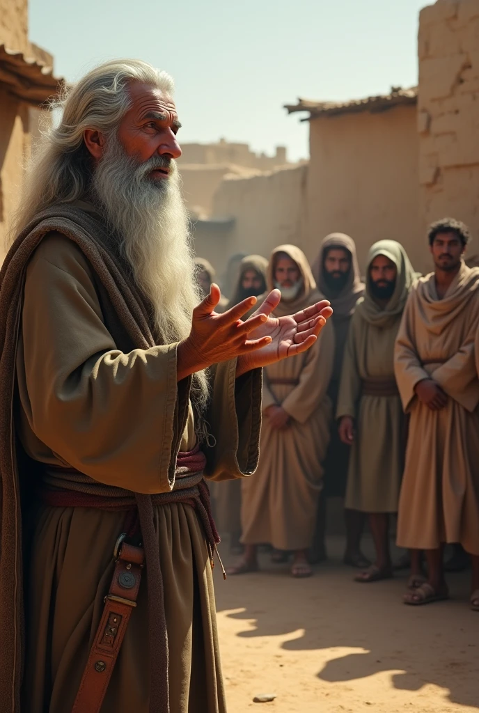 
The village elder, with a look of grave concern, explaining the dangers of the jinn to a group of worried villagers.






