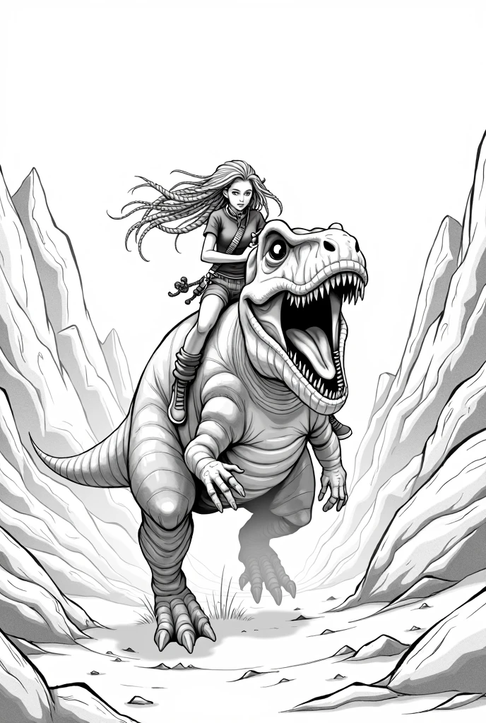 A girl with blonde dreadlocks riding a dinosaur, running though a rocky mountain without vegetation. In a simple black and white pencil style
