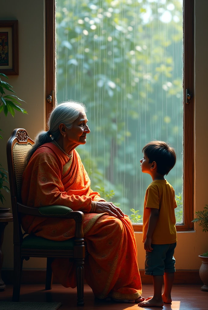 an old lady wearing a saree sitting on a chair wathcing rain with her grandson standing beside