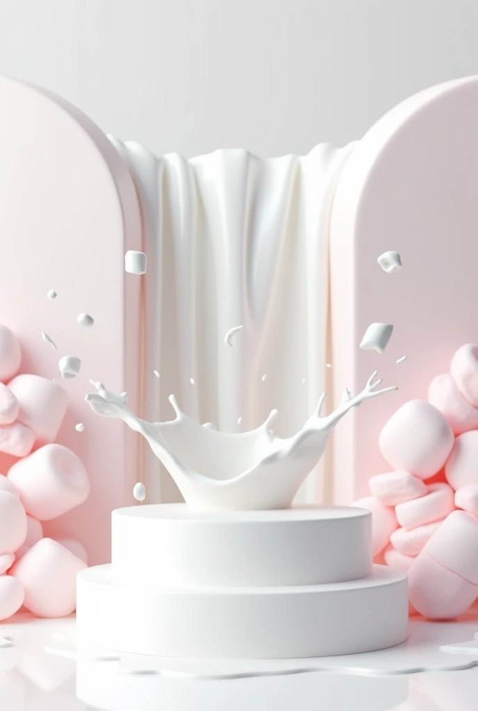 white podium in front of a white waterfall of white milk. Image should be 3d with candy round pink marshmallows flying round and falling into the waterfall making a white splash