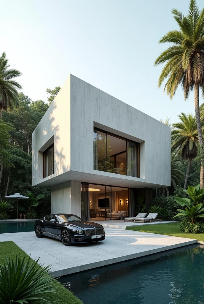  minimal villa in jungle , exterior view , a car is parked in front of a parametric villa, realestic architecture , concept house , 22 meters high , front view , high quality rendering , luxury architecture , relistic physical rendering , parametric house , reflective in pool , installation architecture ,