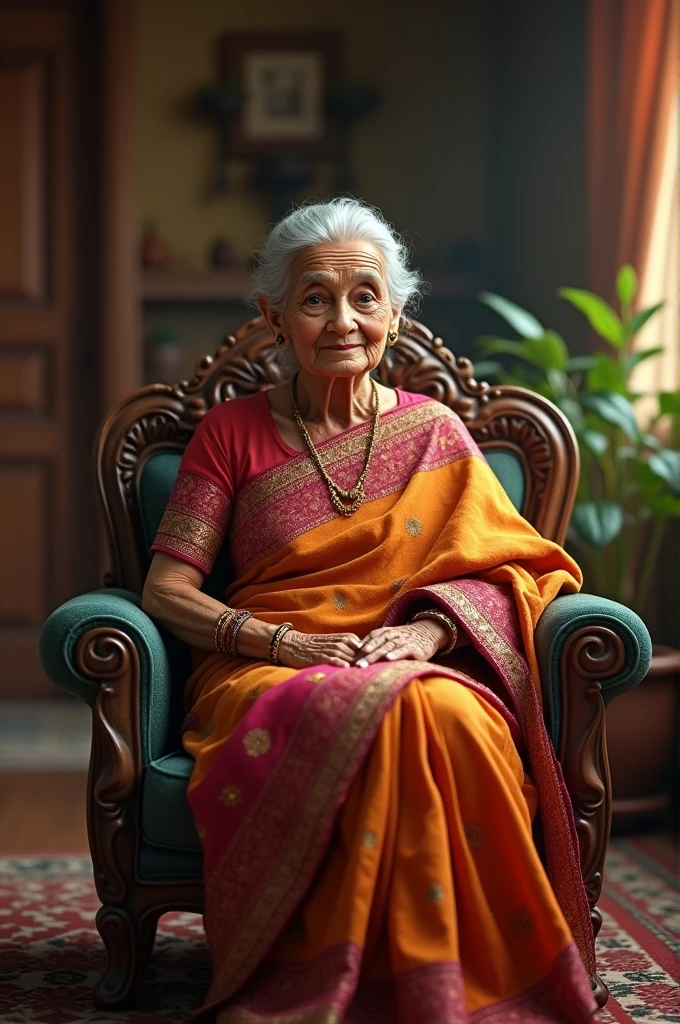 An old lady wearing a saree sitting in a chair