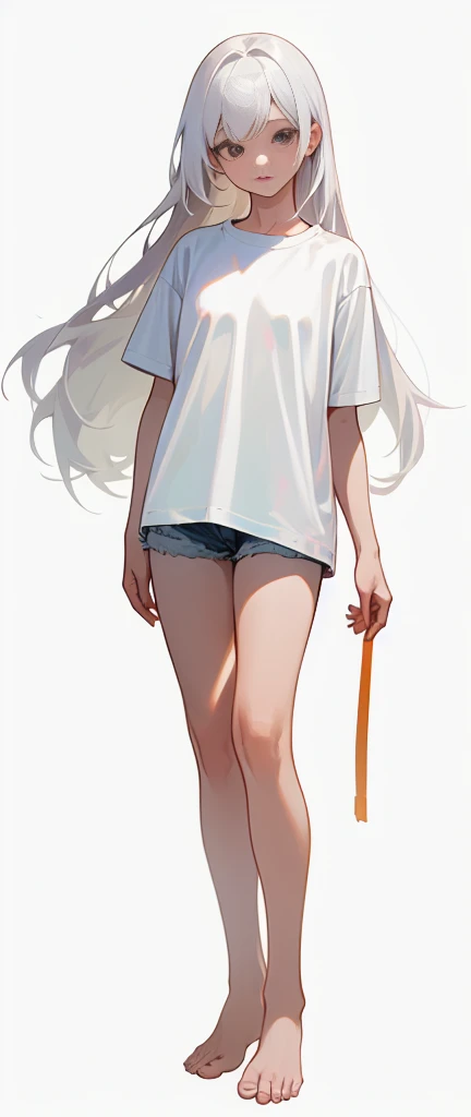 ((4k,masterpiece,best quality)),
1 girl, solo, white hair, long hair, white, white t-shirt tshirt, white background, standing,standing, full body, full body, only wearing a t-shirt、Wearing only t-shirt, barefoot、Wearing only t-shirt, barefoot、Wearing only t-shirt, barefoot, simple background
