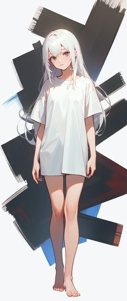 ((4k,masterpiece,best quality)),
1 girl, solo, white hair, long hair, white, white t-shirt tshirt, white background, standing,standing, full body, full body, only wearing a t-shirt、Wearing only t-shirt, barefoot、Wearing only t-shirt, barefoot、Wearing only t-shirt, barefoot, simple background
