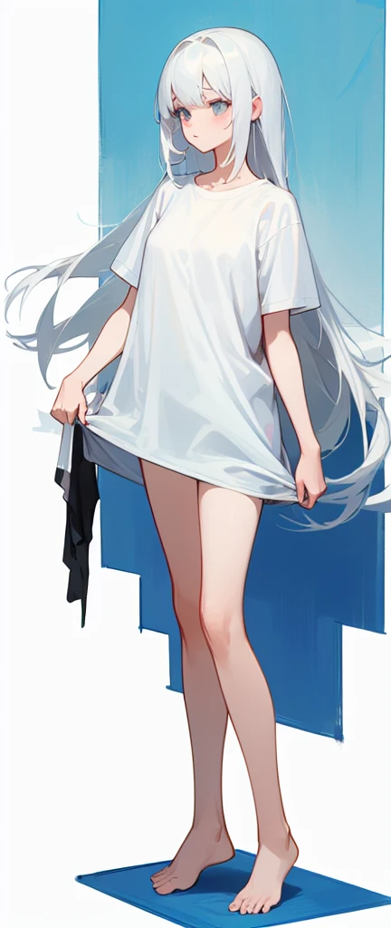 ((4k,masterpiece,best quality)), 
1 girl, solo, white hair, long hair, white, white t-shirt tshirt, white background, ｓｔａｎｄｉｎｇ,standing, full body, full body, only wearing a t-shirt、Wearing only t-shirt, barefoot、Wearing only t-shirt, barefoot、Wearing only t-shirt, barefoot, simple background