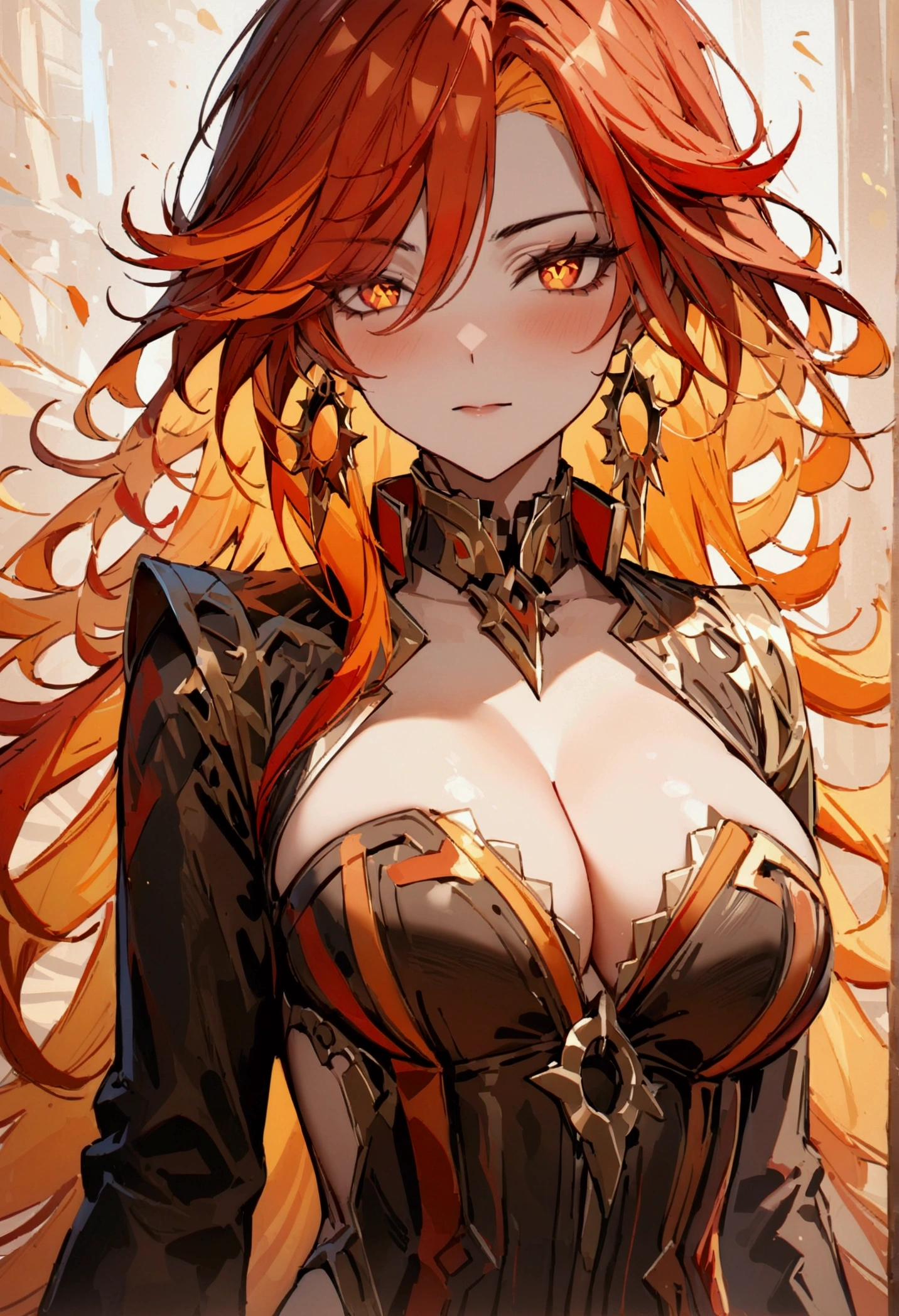 (masterpiece), best quality, 1girl, mavuika, expressive eyes, perfect face, medium round breasts, perky breasts, cleavage, bangs, looking at viewer, midriff, long torso, two-tone hair, red hair, multicolored hair, jewelry, orange hair, 