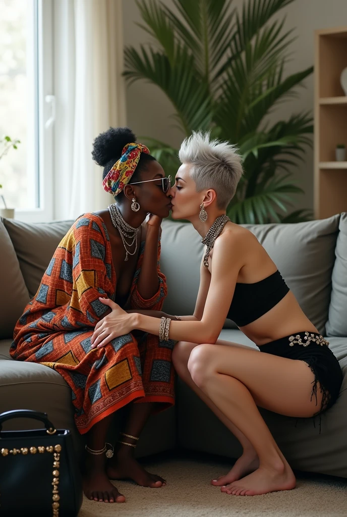 Two women. African old wrinkled milf woman lounging lazily on a sofa with separated legs, afro hairdo, serious face, wearing traditional colourful african clothes, barefoot, hands tightly on neck of a caucasian milf woman at her feet (light grey hair, light green eyes, pale face, pale neck, pale chest, pale arms, pale hands, pale stomach, pale legs and feet) in chic rock fashion: pompadour hairstyle with top bun and shaved sides, colourful bandana as headboard, a lot of metallic necklaces and pendants, a lot of wide metallic bracelets, black lace push up bra, low rise black lace thong, chains as belts, squatting with arms on knees, passive facial expression with open mouth, arched back humbly, stretching her neck to kiss her girlfriend eagerly, big square sunglasses, thin neck, thin arms, thin legs, well toned abdominals. In an apartment decorated in Scandinavian style. A black leather studded tote bag on the floor. Natural light