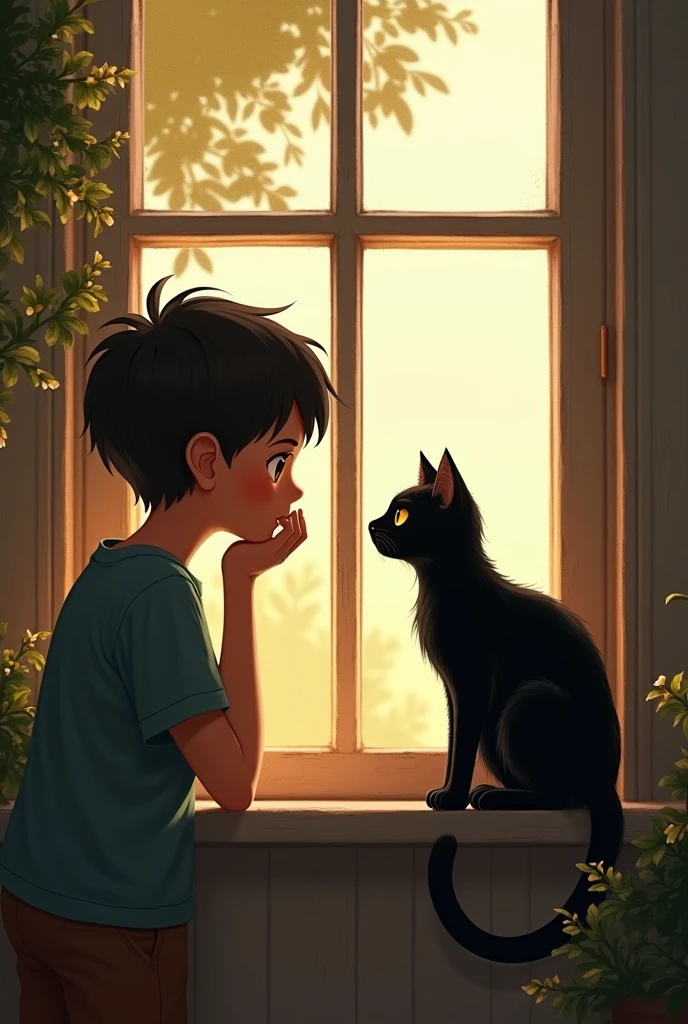 boy and a black cat looking at each other beside a glass window opened. The cat has sit on the window. The boy is standing outside of the house and  has kept his hand on the window and his wrist under his muzzle.  In the background left side there are flowers. The pic has been taken from the inside of the house. From his upper chest to his head can be seen