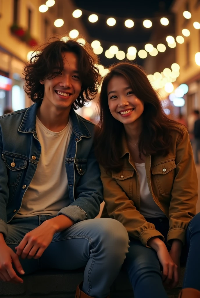 Photography of a 20 year old Asian guy with long curly hair wearing a jeans jacket, white t-shirt, jeans, boots, sitting with a 20 year old Asian woman with a slightly fat body wearing a jacket in Europe. Night atmosphere celebrating a birthday.