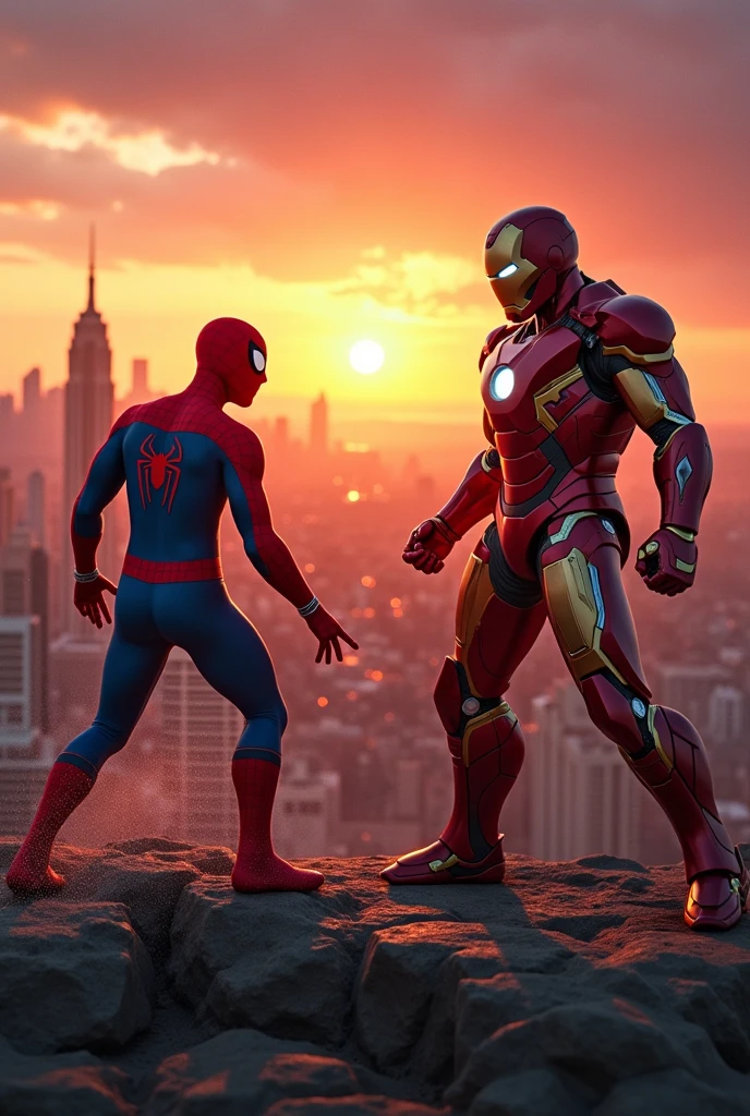 Spiderman in the fight with ironman stand sunset