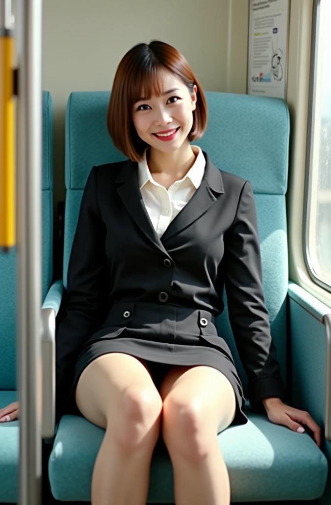((Highest quality, 8k, Portraiture: 1.3)), (Viewer Display), Photographic realism, Sharp focus, alone, A very beautiful Japanese office lady(sit in a train seat:1.5), (Photo taken from the opposite chair:1.5), (Sit with your knees facing forward:1.5), (evil grin:1.6), (Beautiful Japanese Woman:1.5), (Sit with your knees together:1.5), (short hair:1.3), (White blouse:1.4), (Black Pencil Skirt:1.4), (High heels:1.7), (White lace panties:1.7), (View Photographer), ((Perfect hands and fingers)), (Looking into the camera:1.6), (A seductive gaze:1.5), Perfect body, dark eyeshadow,