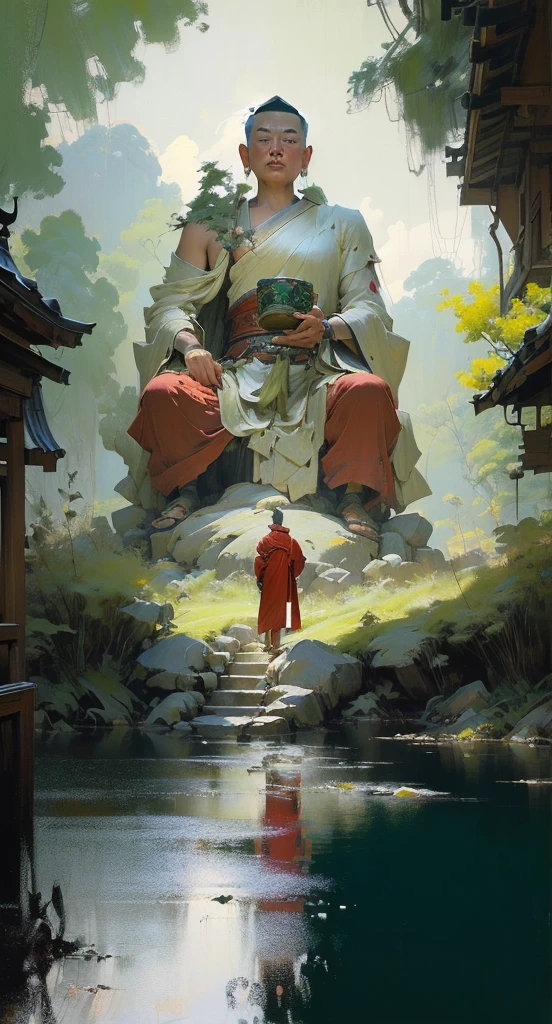 painting of a man in a red robe standing in front of a large buddha statue, by Han Gan, by Bayard Wu, by Li Zai, guweiz masterpiece, makoto shinkai and tom bagshaw, the buddha, by Raymond Han, traditional japanese concept art, by Yang J, buddhism, by Ma Shi, by Pu Hua, by Ruan Jia