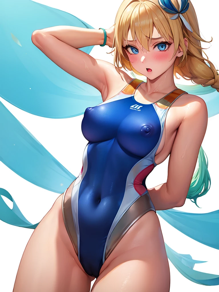  (White background, 1girl:1.4), BREAK,Long blonde hair, blue eyes,Narrow waist,voluptuous Breasts,(one-piece competitive swimwear,one-piece competition swimsuit:1.6), blush,Open your mouth,(covered nipples:1.2)