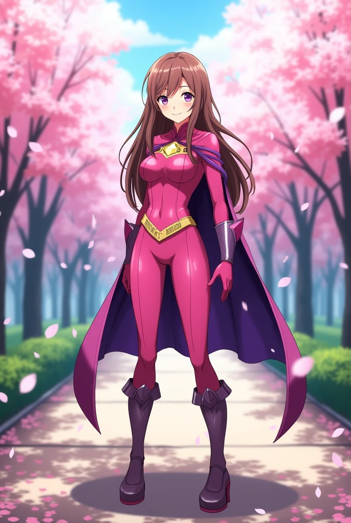 masterpiece, best quality:1.2), 1girl, smile, looking at viewer, hijiri ageha, purple eyes, long brown hair, dressed as superwoman, full bodysuit, pink catsuit, purple cloak cape, boots, standing under cherry blossoms in park