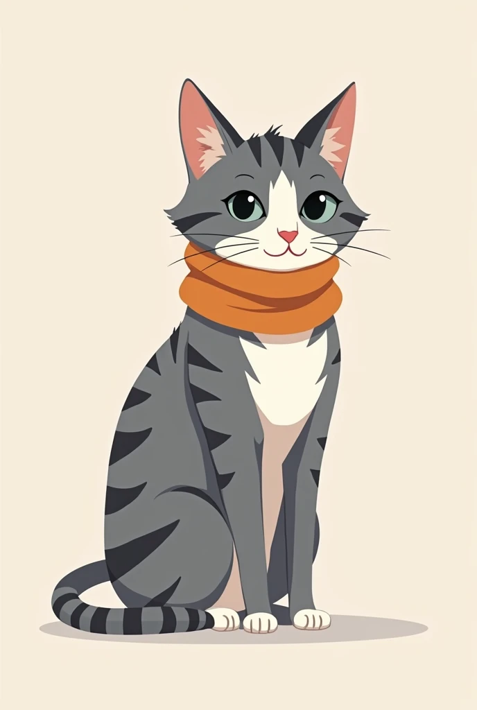 Gray female cat with white and black stripes. Uses a neck warmer Stands upright like a human Looking straight ahead