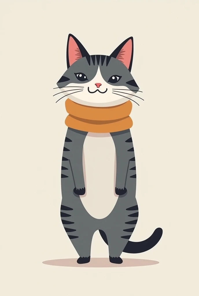 Gray female cat with white and black stripes. Uses a neck warmer Stands upright like a human Looking straight ahead